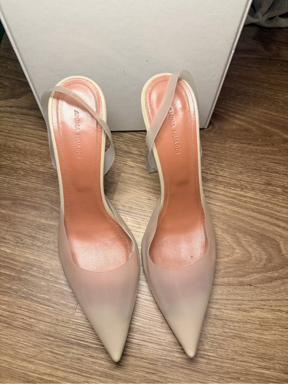 Amina Muaddi Holli Glass Milky Slingback Pumps